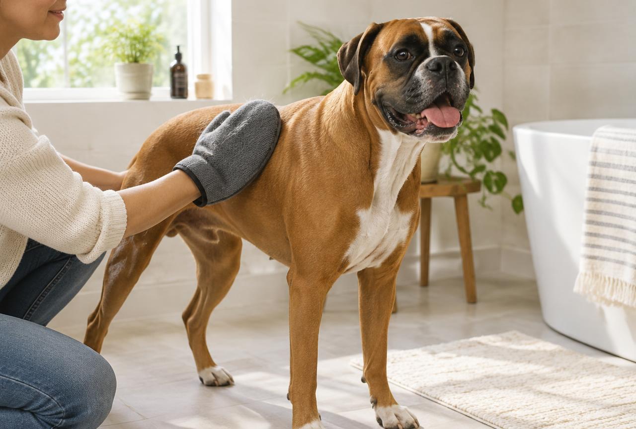 An owner using a grooming mitt on a Boxer