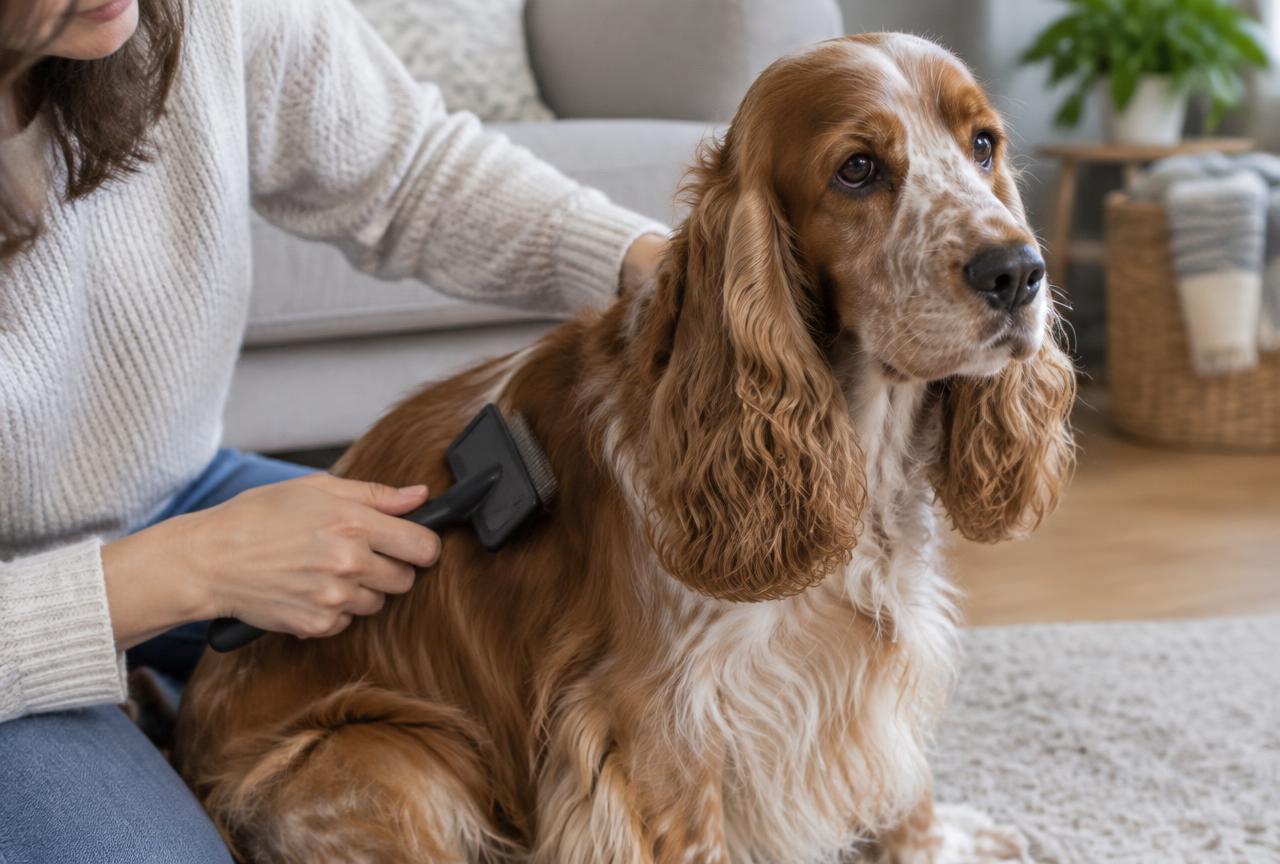 A person grooming an English Cocker Spaniel's feathered coat.