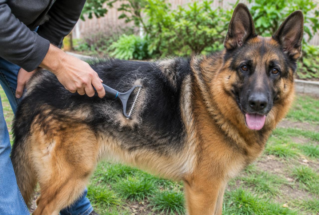 A person brushing a German Shepherd's coat outdoors