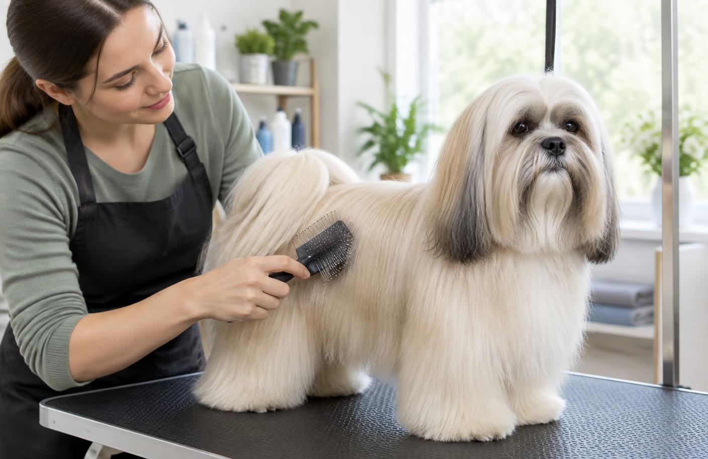 A person brushing a Lhasa Apso's long coat