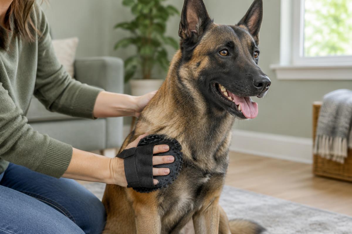 A person brushing a Belgian Malinois with a grooming glove