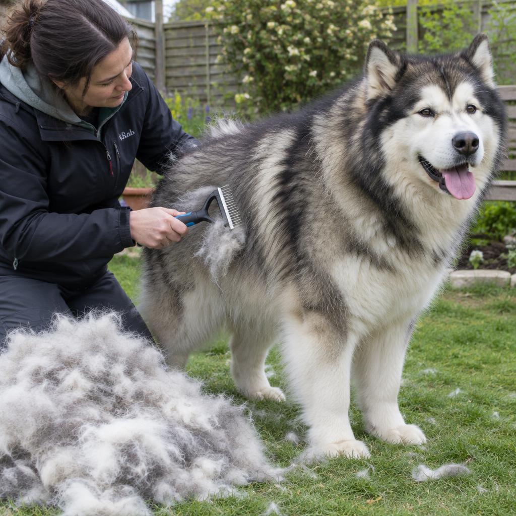 A person using an undercoat rake on an Alaskan Malamute