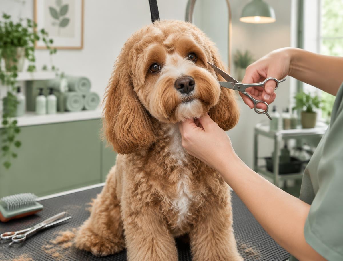 A person brushing a Cockapoo's curly coat