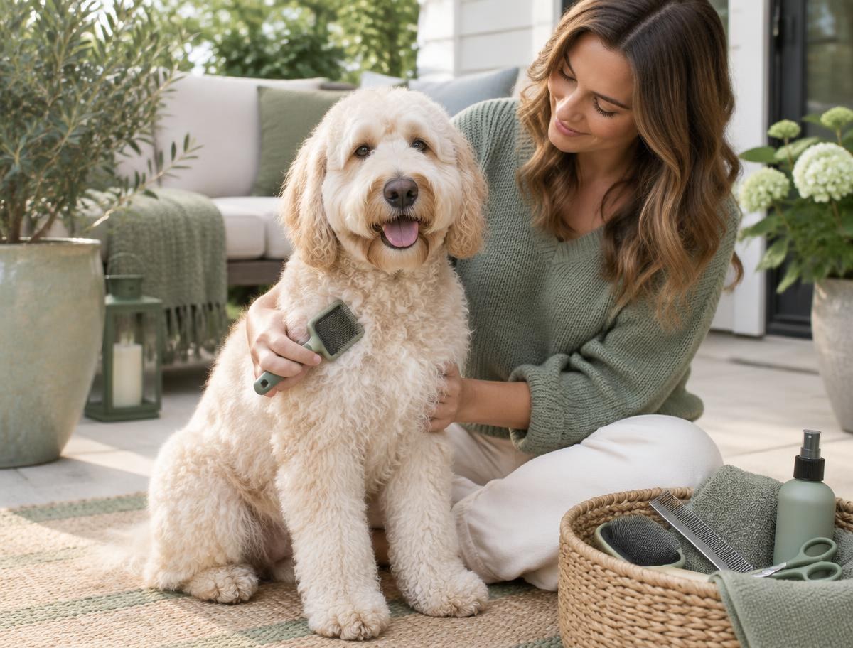 A person brushing a Labradoodle's coat