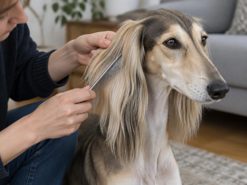 A person combing a Saluki's feathered ears with a metal comb