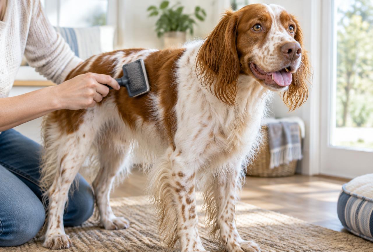 A Brittany being brushed after a day in the field