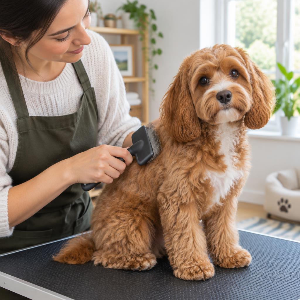 A person brushing a Cavapoo's wavy coat