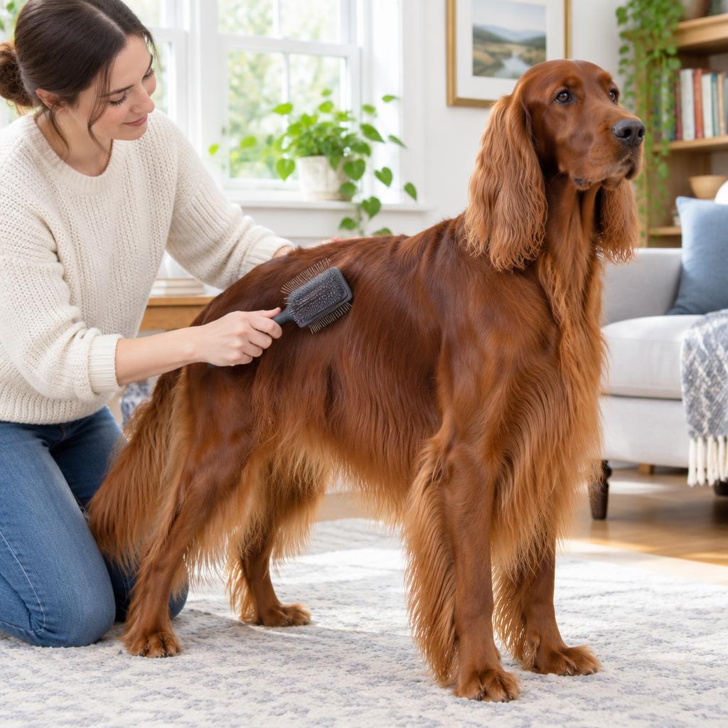 A person brushing an Irish Setter's long feathered coat