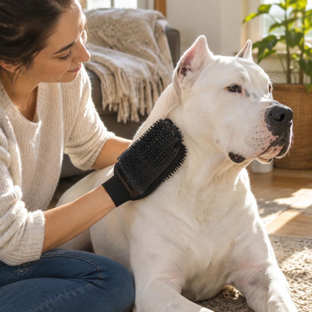 A Dogo Argentino being brushed with a rubber grooming mitt.