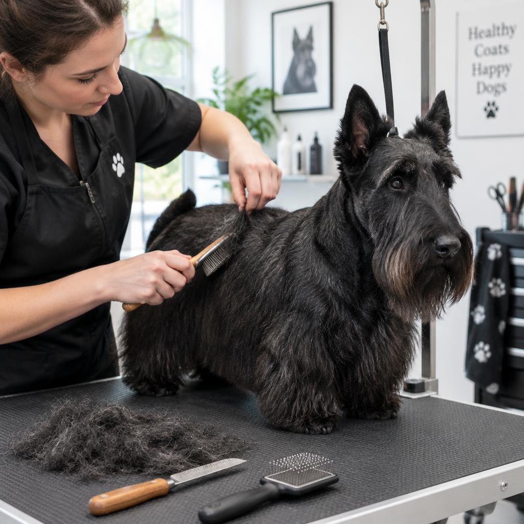 A person hand-stripping a Scottish Terrier's coat