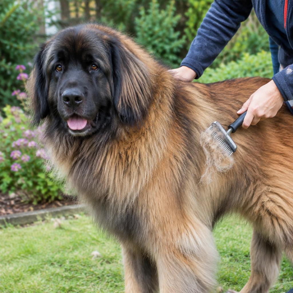 An owner brushing a Leonberger's thick coat with a slicker brush outdoors.