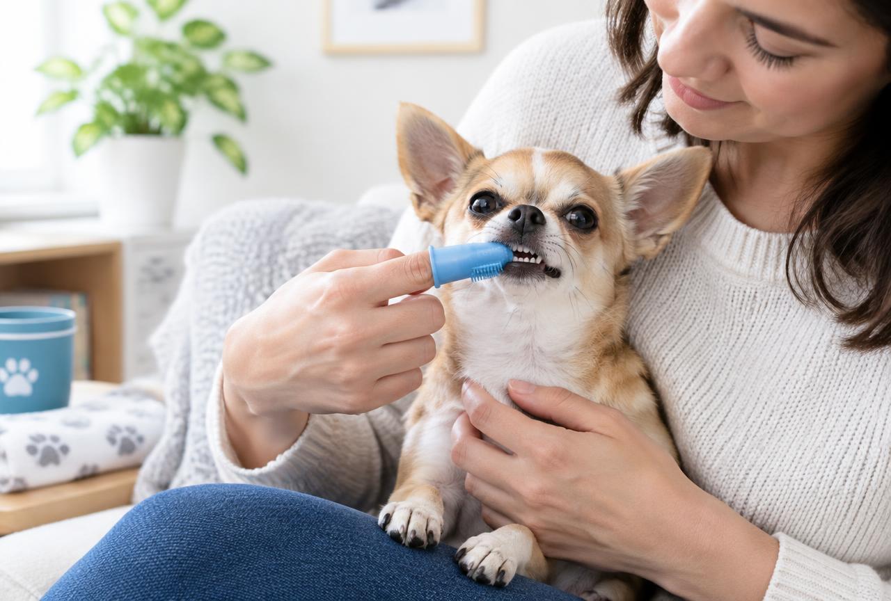 A person gently brushing a small Chihuahua