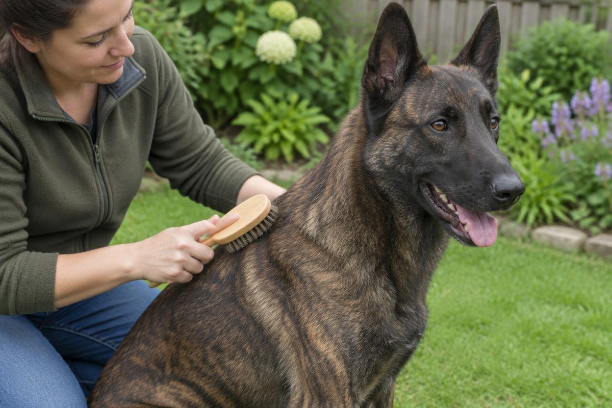 A person brushing a brindle Dutch Shepherd in a garden