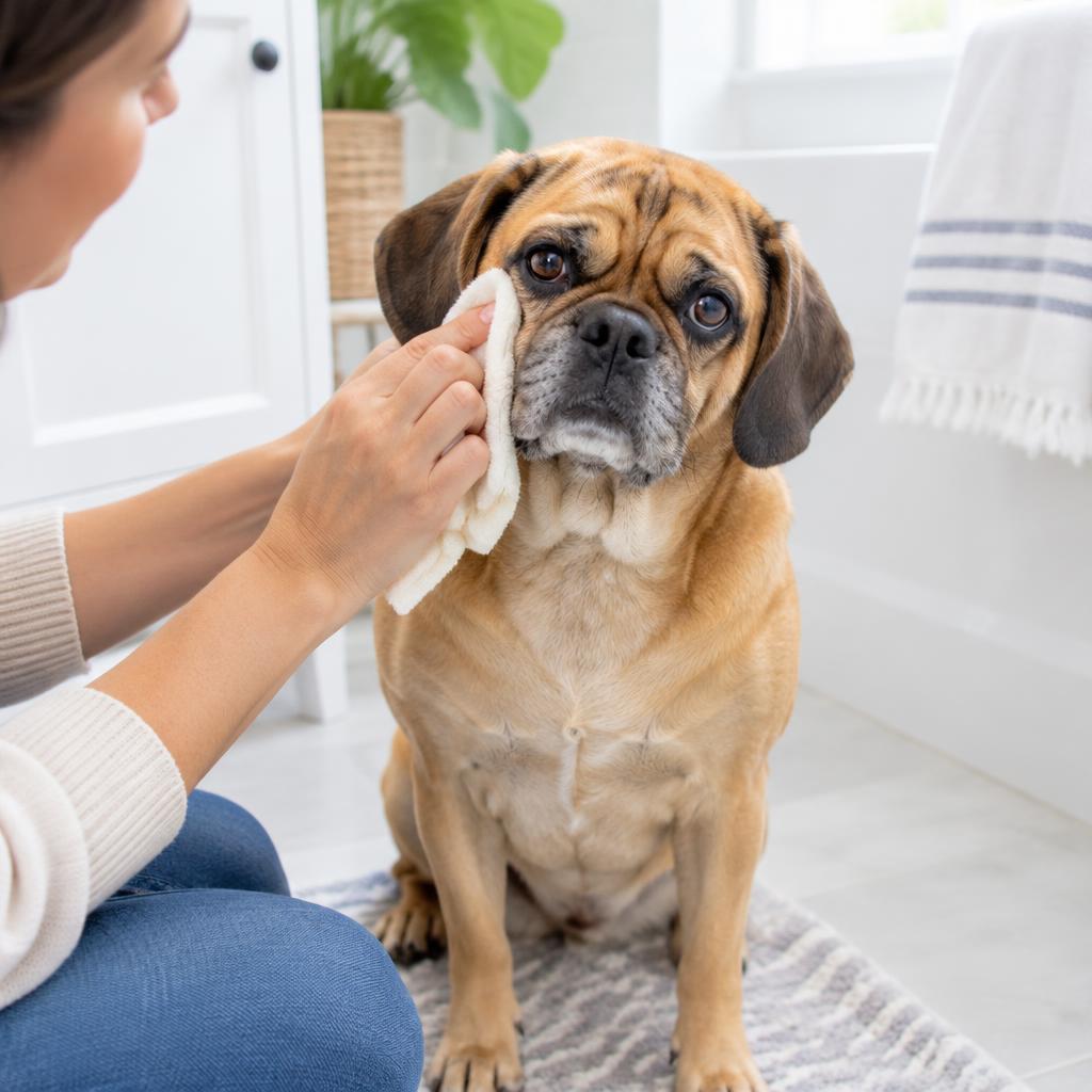 A person wiping a Puggle's facial wrinkles with a soft cloth