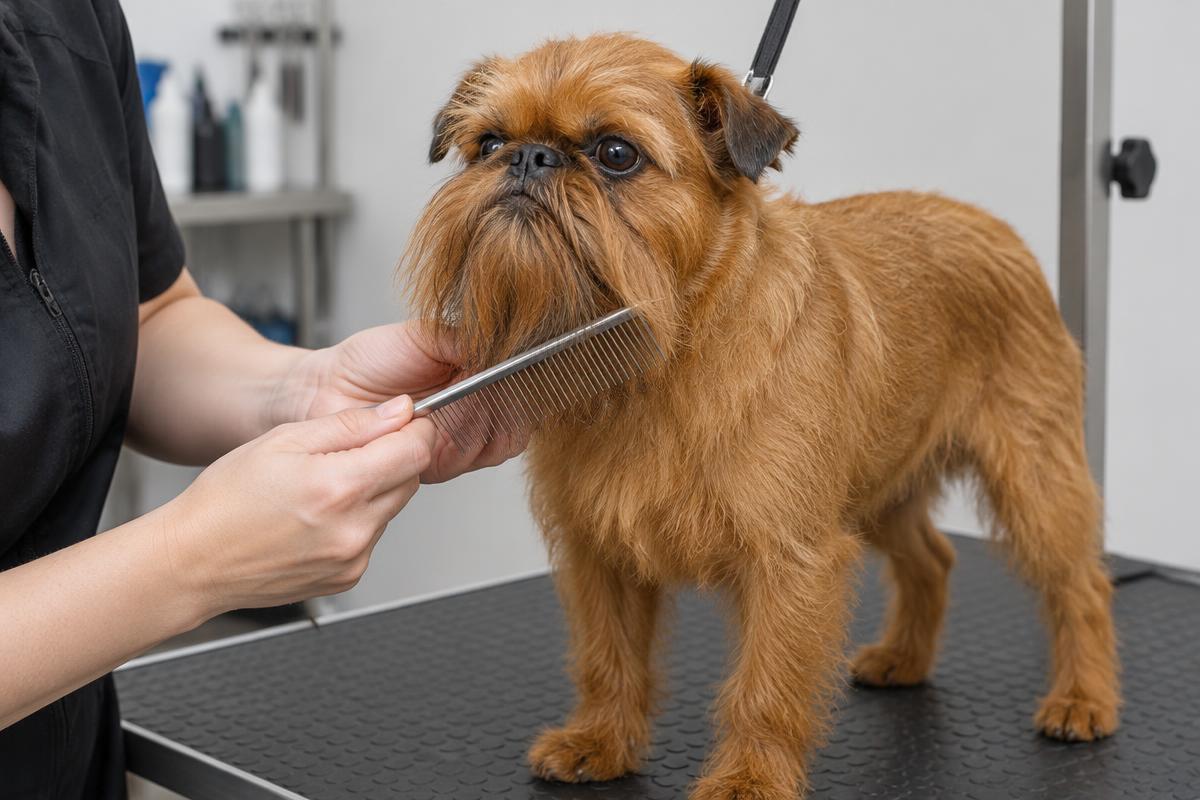 A groomer combing the beard of a red Brussels Griffon on a grooming table