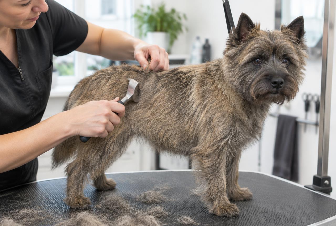 An owner hand stripping a Cairn Terrier's coat with a stripping tool.