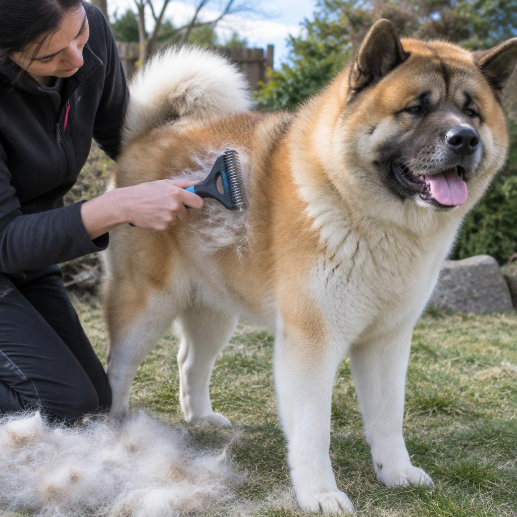 A person brushing an Akita's thick undercoat