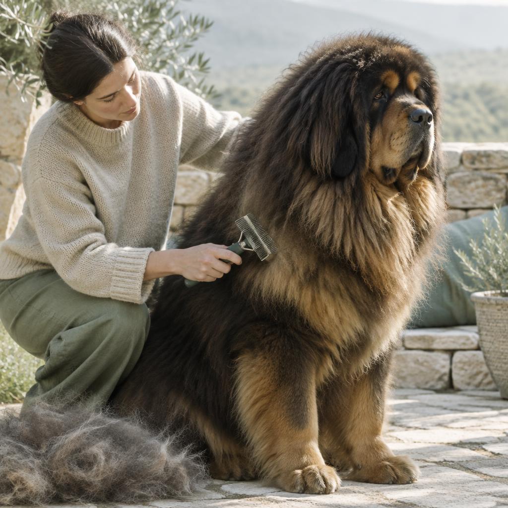 A large pile of undercoat hair next to a brushed Tibetan Mastiff