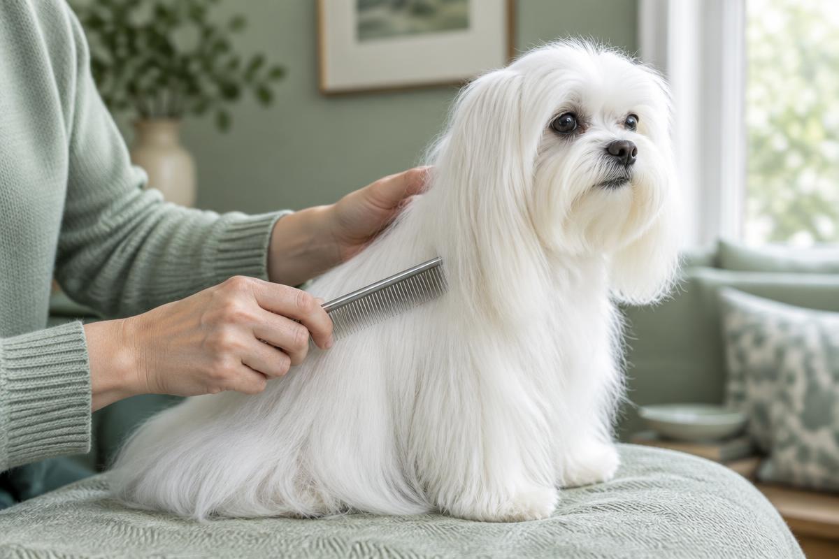 A person combing a Maltese's long coat with a metal comb