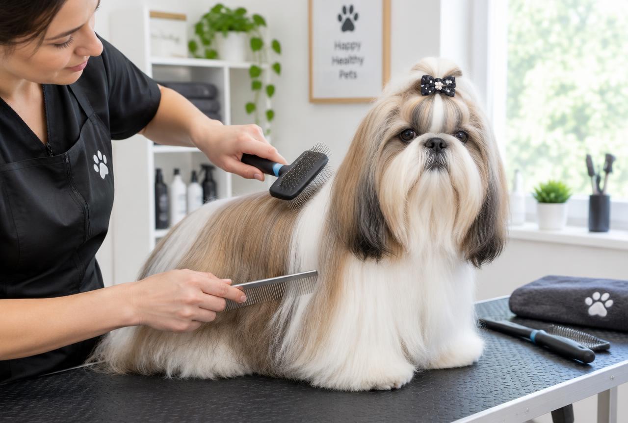 A person brushing a Shih Tzu's facial hair