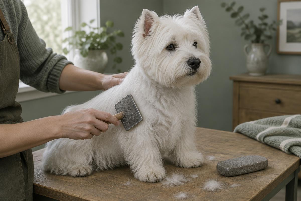 A groomer hand stripping a West Highland White Terrier's coat