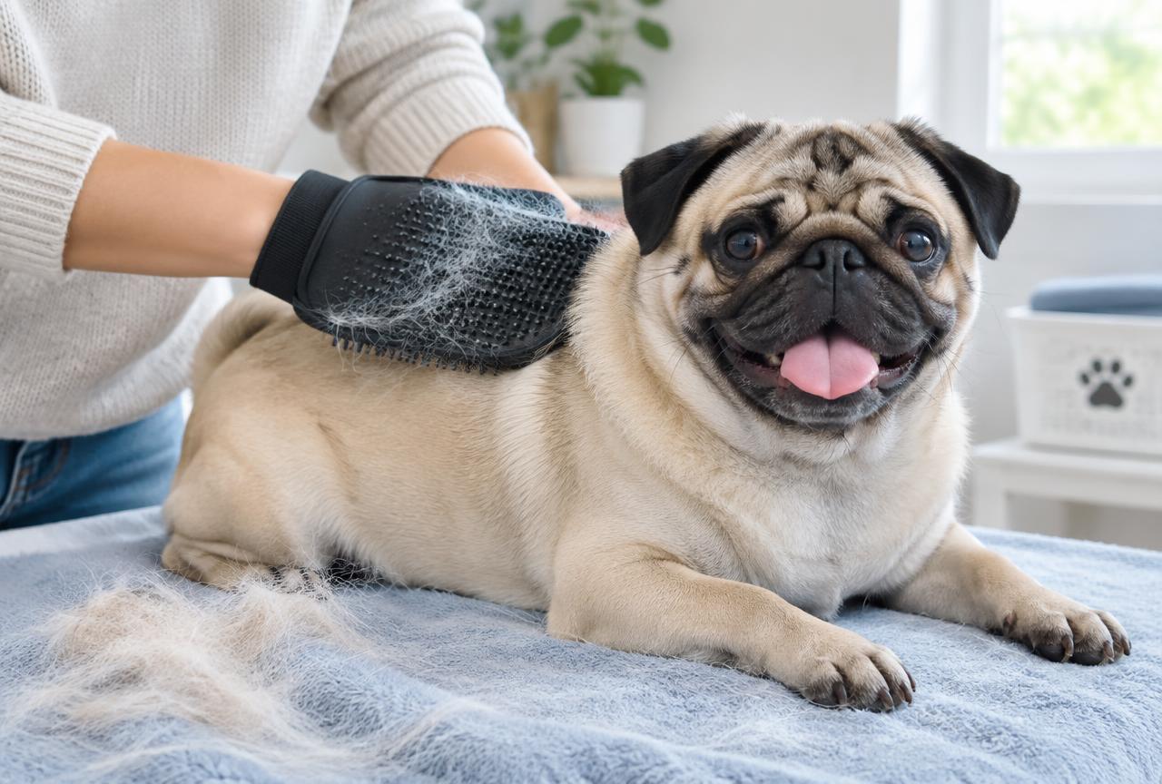 A person cleaning a Pug's facial skin folds