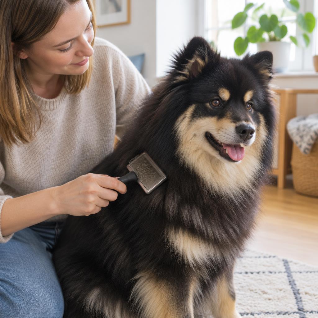 A Finnish Lapphund being brushed with a slicker brush.