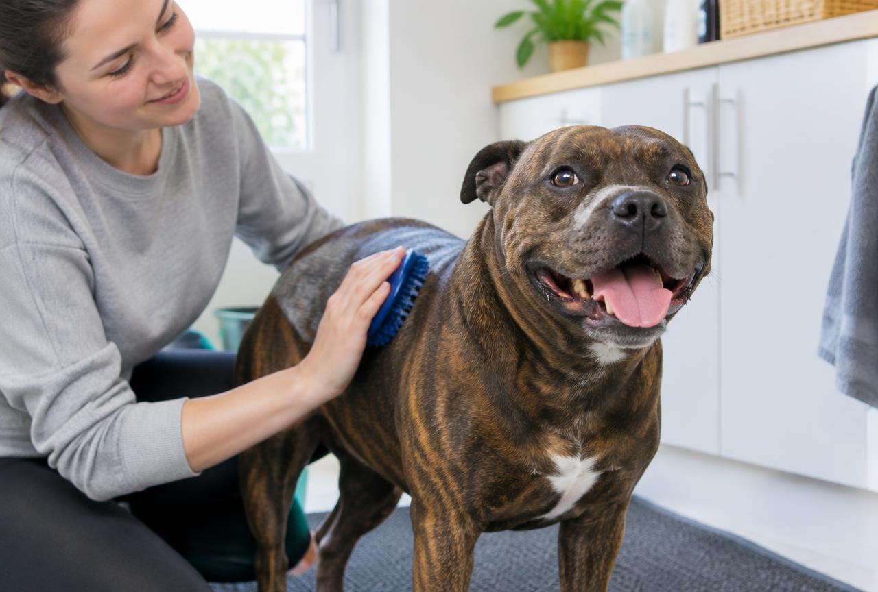 A person brushing a Staffordshire Bull Terrier with a rubber curry brush