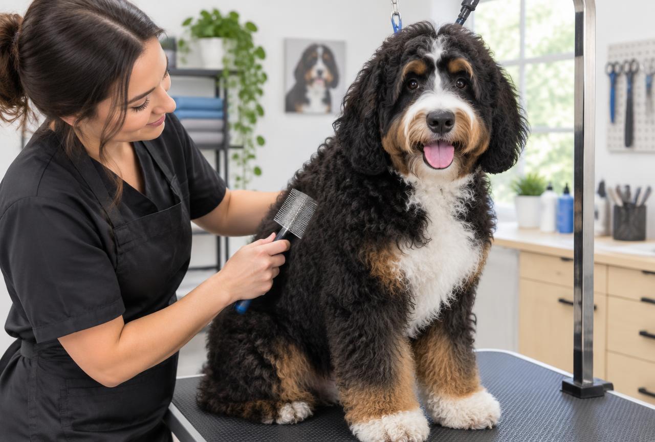 A Bernedoodle being brushed during a grooming session
