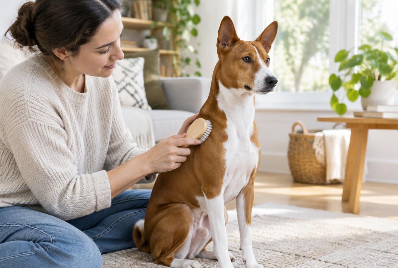 An owner brushing a Basenji with a soft bristle brush.
