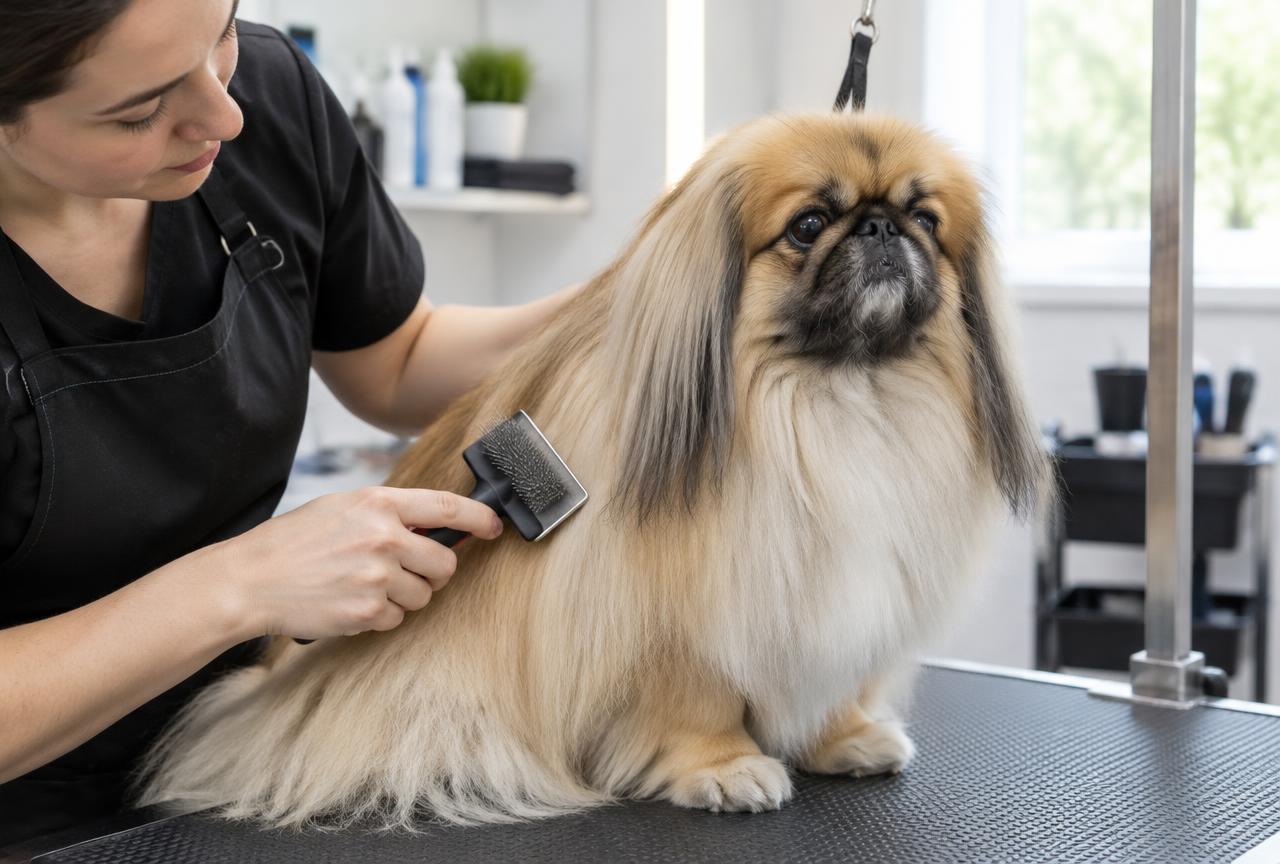 An owner gently brushing a Pekingese's long coat.