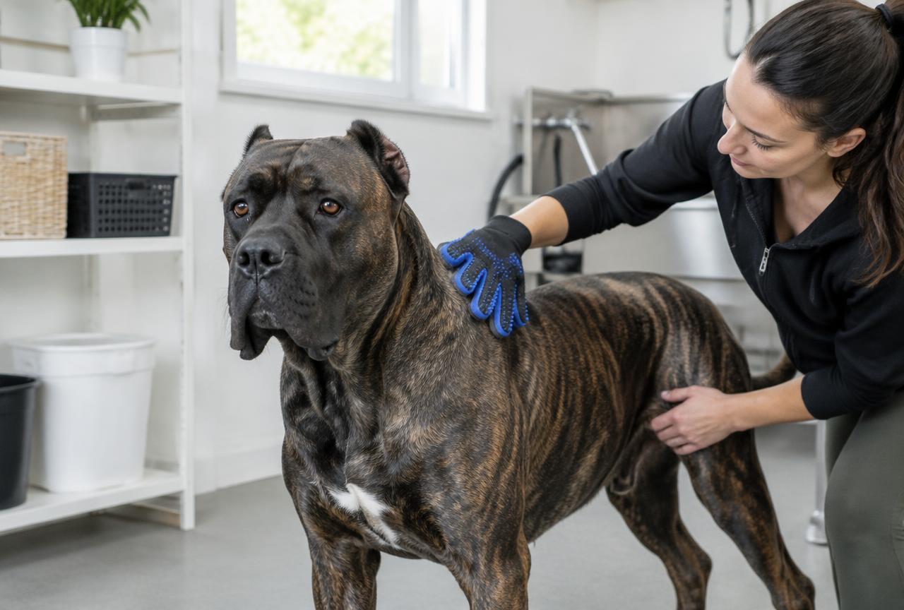 A person brushing a Cane Corso with a rubber curry brush