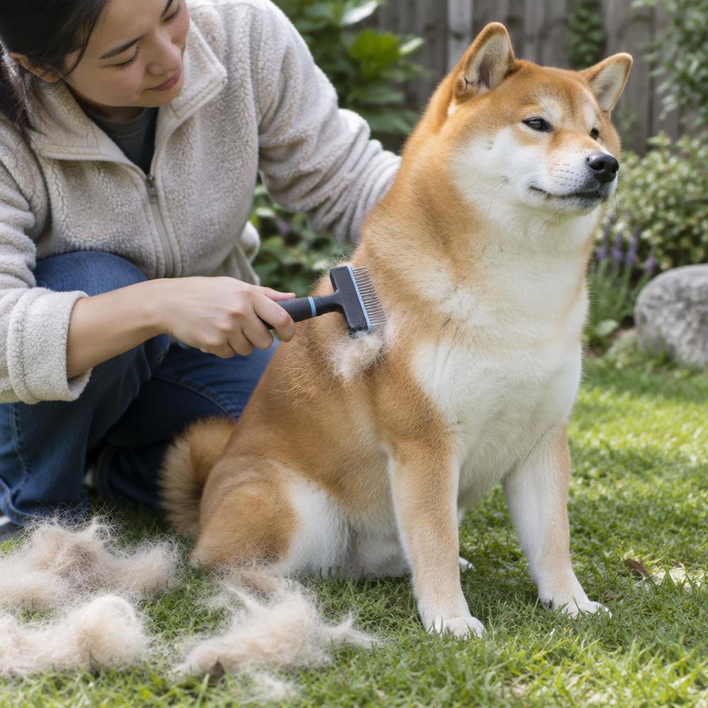 A person brushing a Shiba Inu with an undercoat rake