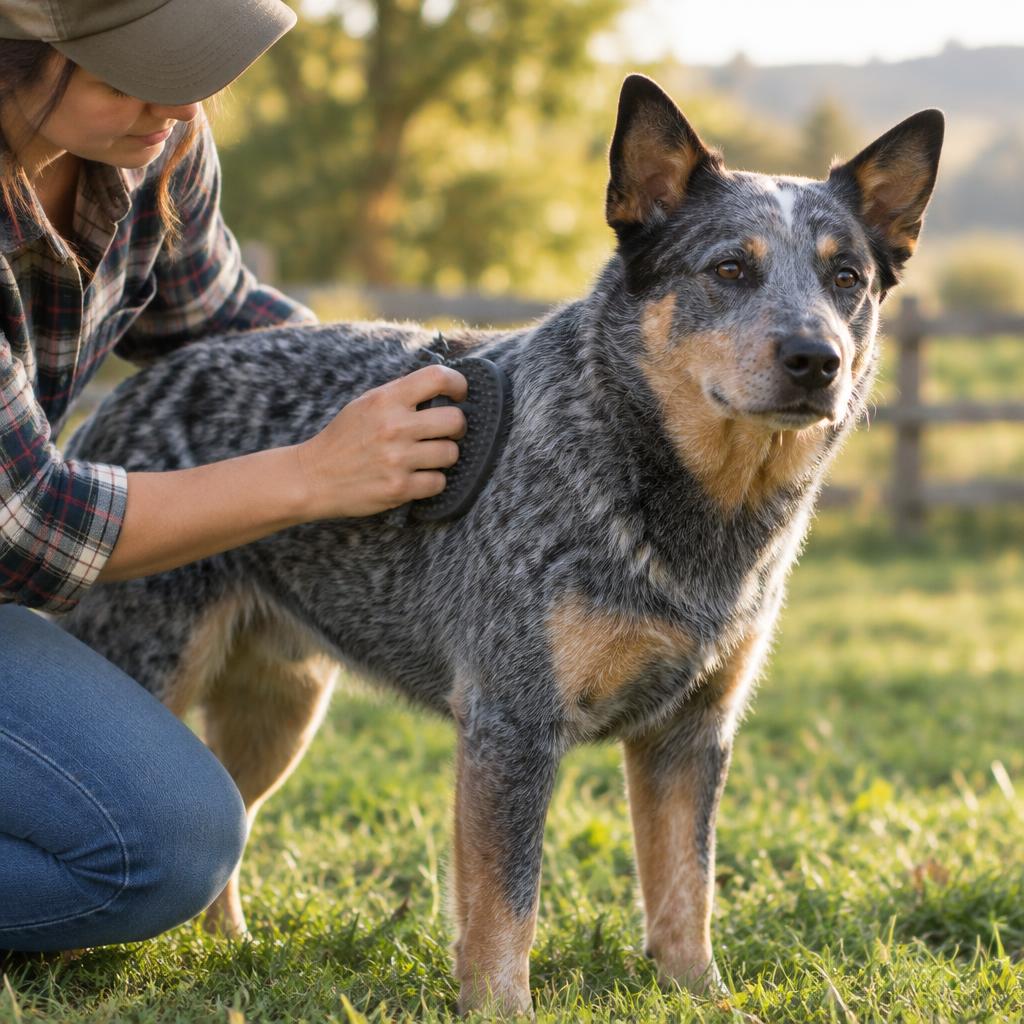 A person brushing an Australian Cattle Dog with a rubber curry brush outdoors