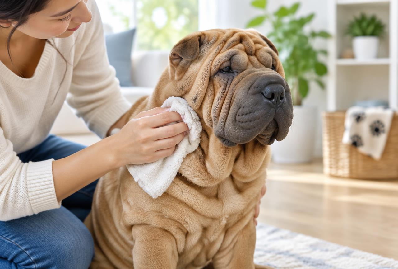 A Shar Pei being groomed with its skin folds wiped clean