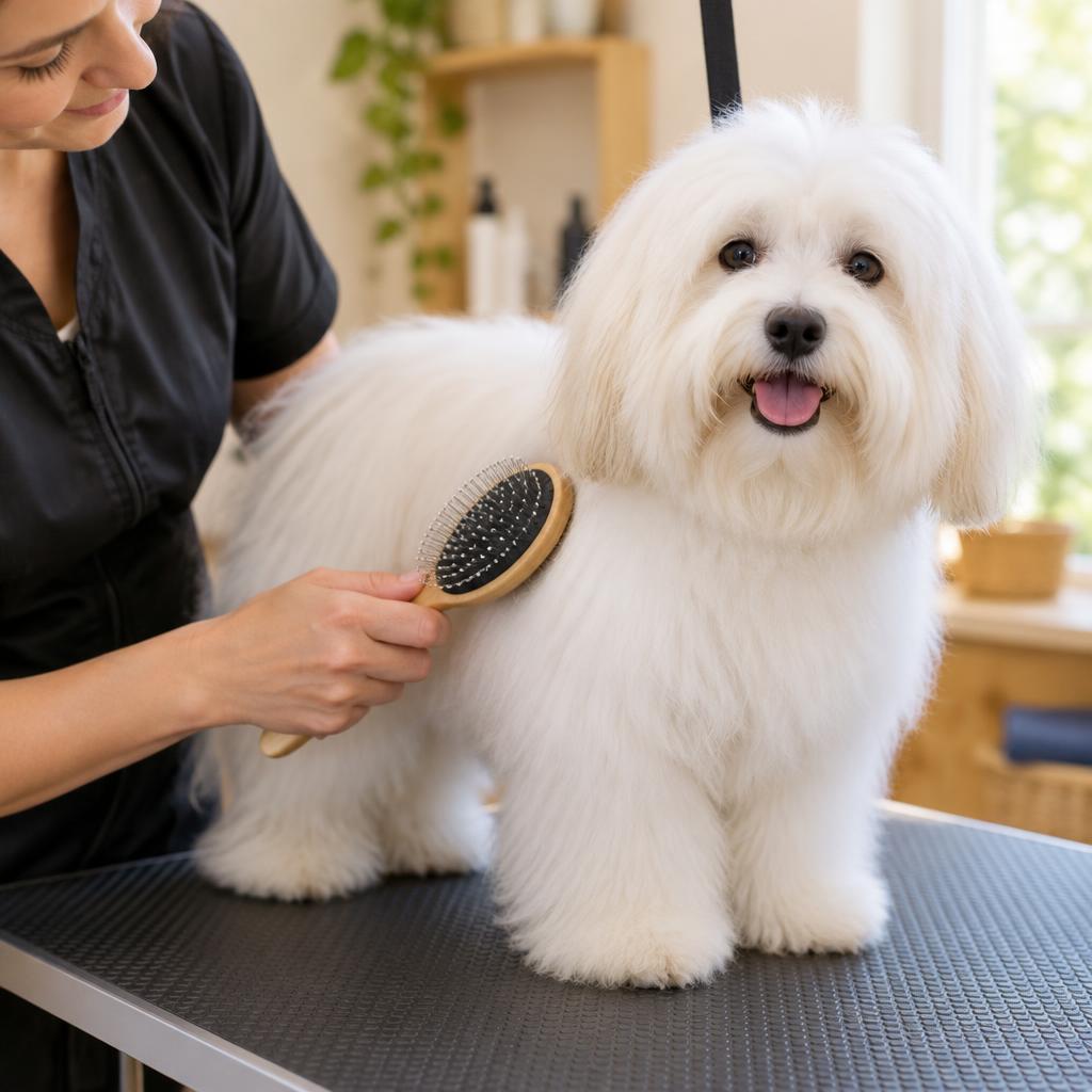 A Coton de Tulear being brushed on a grooming table.