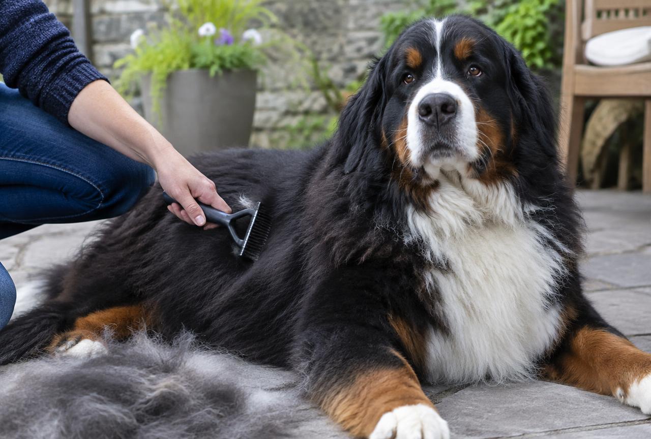 A person brushing a Bernese Mountain Dog's thick double coat