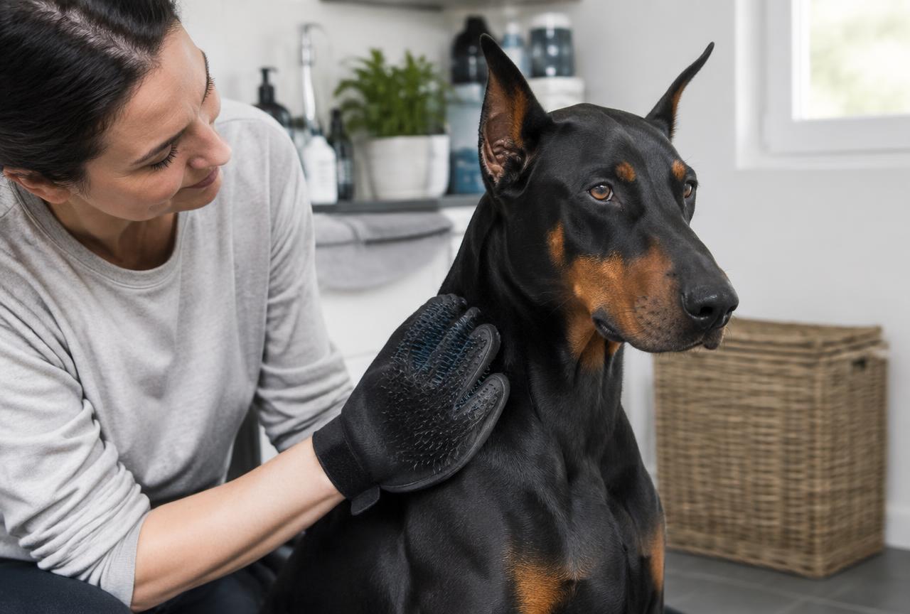 A person brushing a Dobermann with a grooming mitt