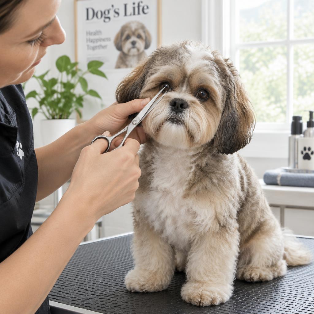 A person trimming the hair around a Shih-Poo's eyes with rounded scissors