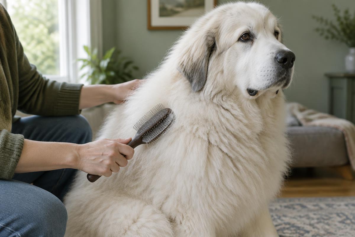 A person brushing a Great Pyrenees with an undercoat rake