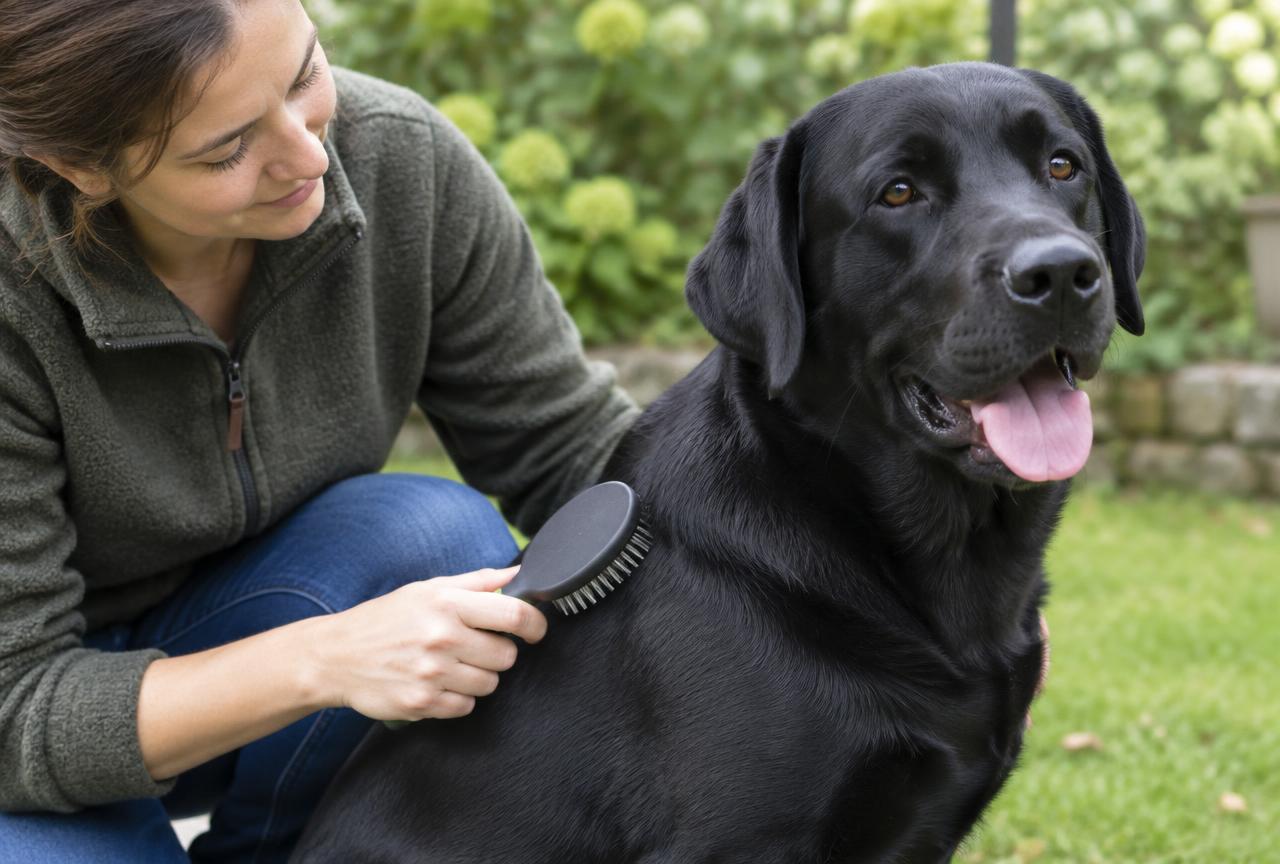A person brushing a Labrador Retriever's coat with a slicker brush.