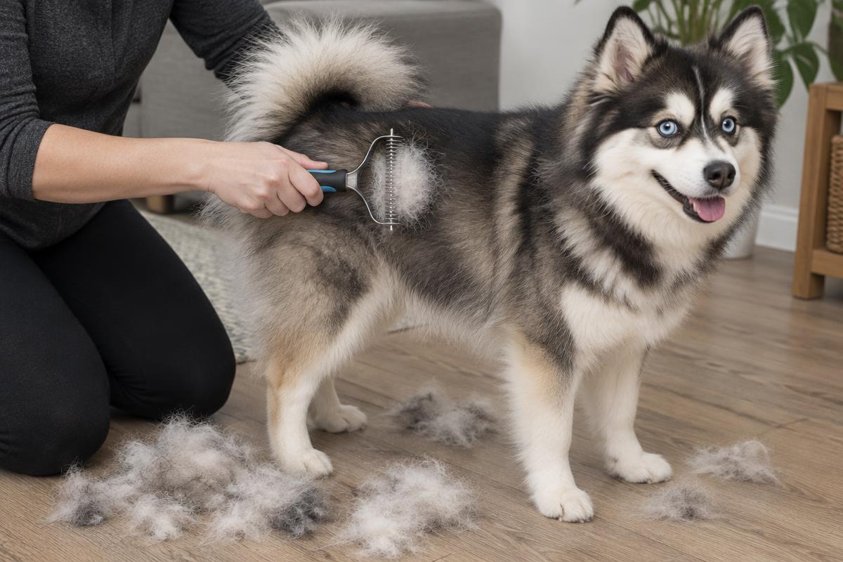 A person using an undercoat rake on a Pomsky with tufts of fur on the floor