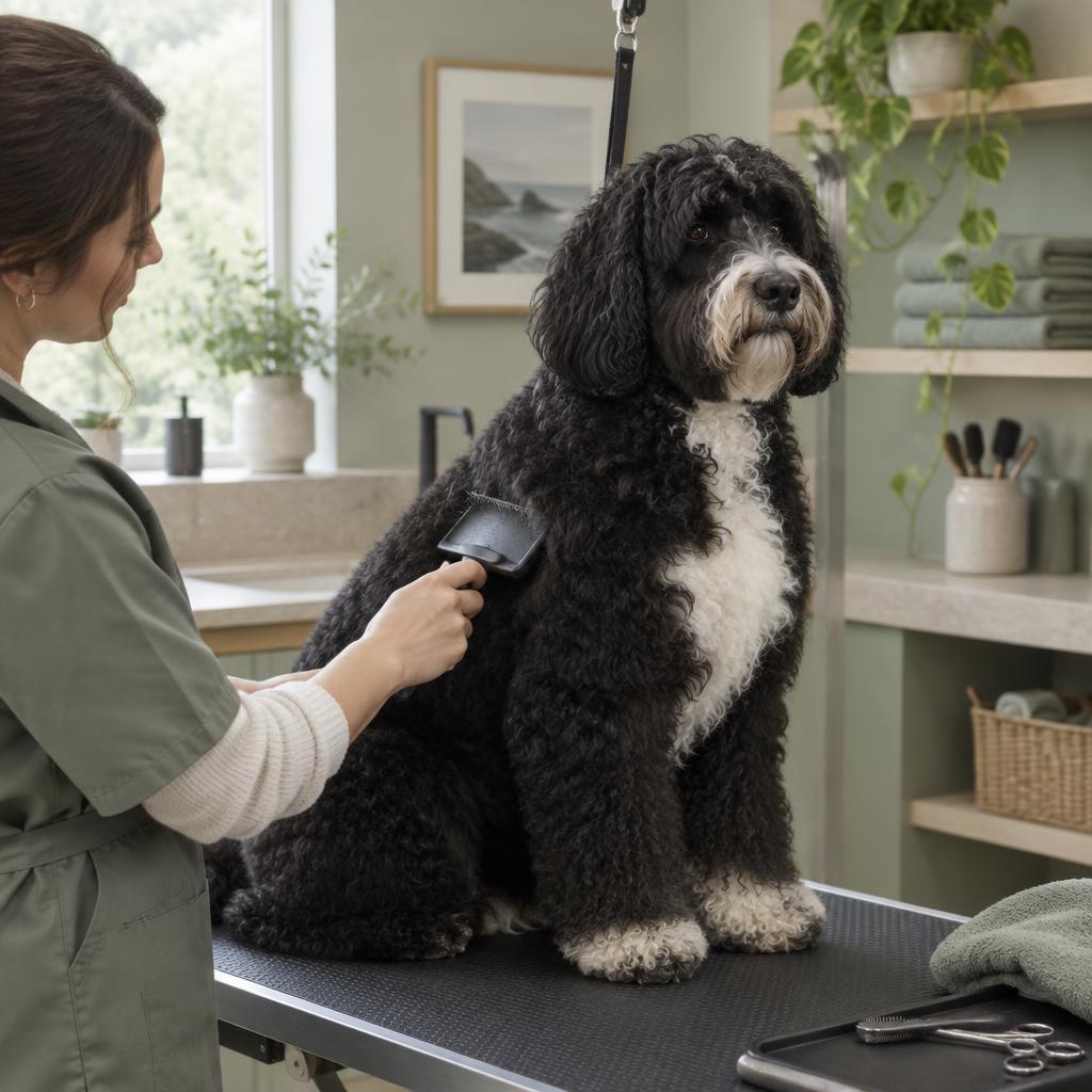 A Portuguese Water Dog being brushed on a grooming table.