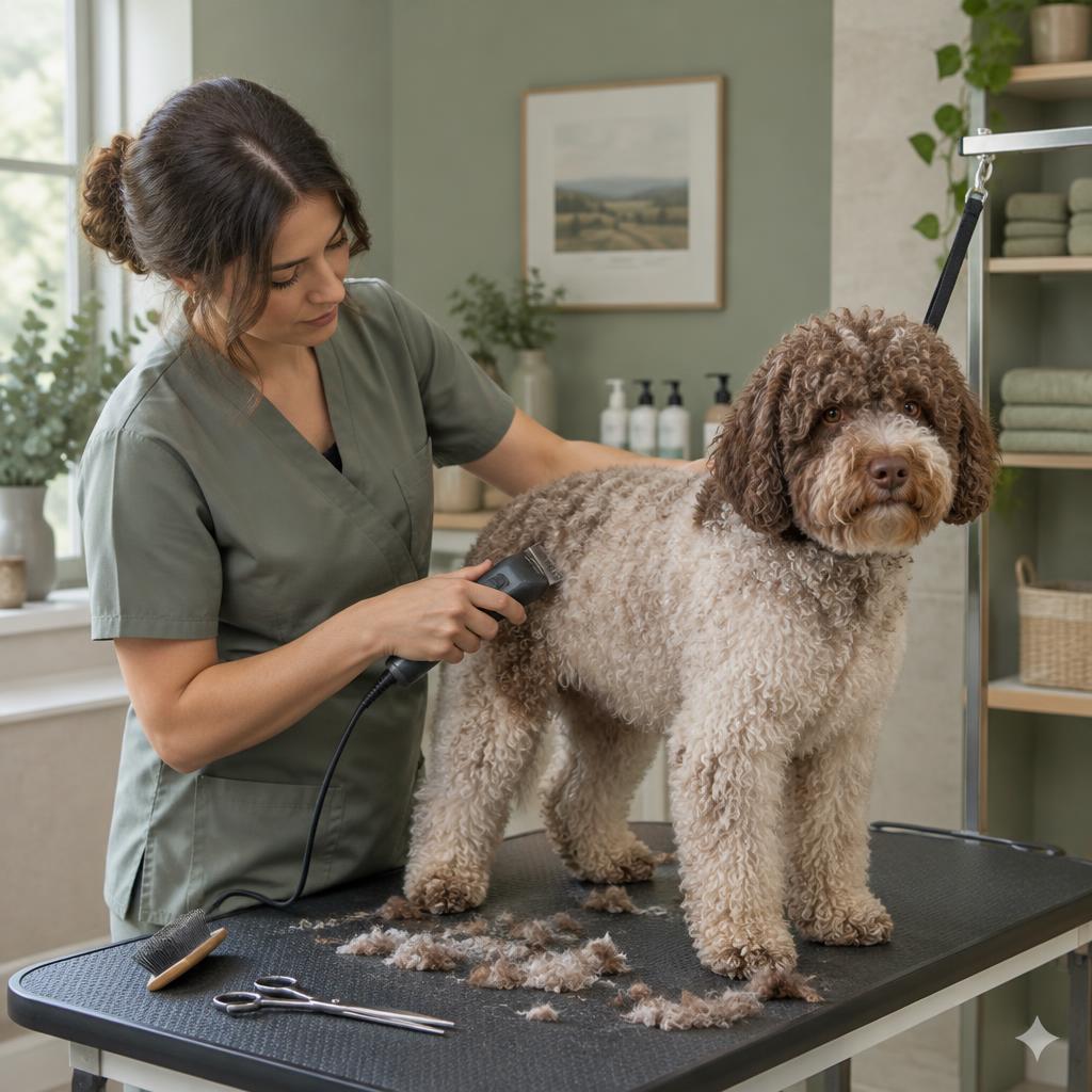 A Lagotto Romagnolo being clipped on a grooming table.