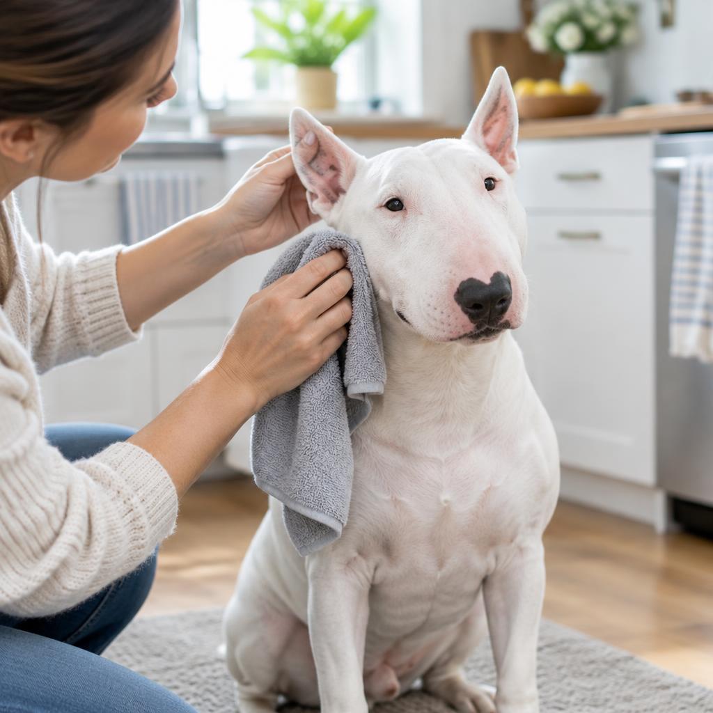 A person wiping a Bull Terrier's face and ears with a grooming cloth