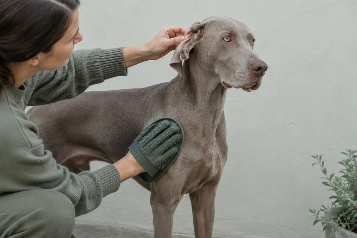 A person brushing a Weimaraner with a rubber grooming mitt