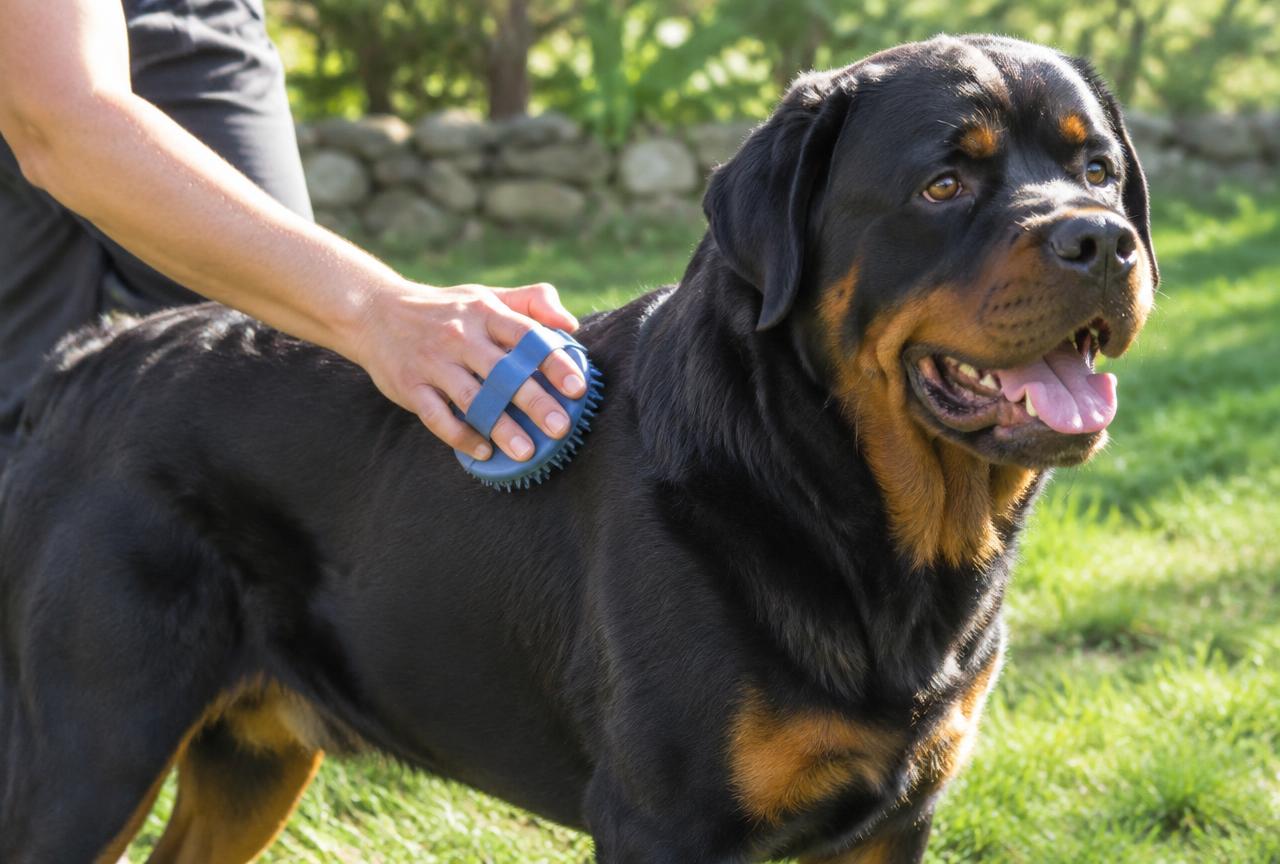 A person brushing a Rottweiler with a rubber curry brush