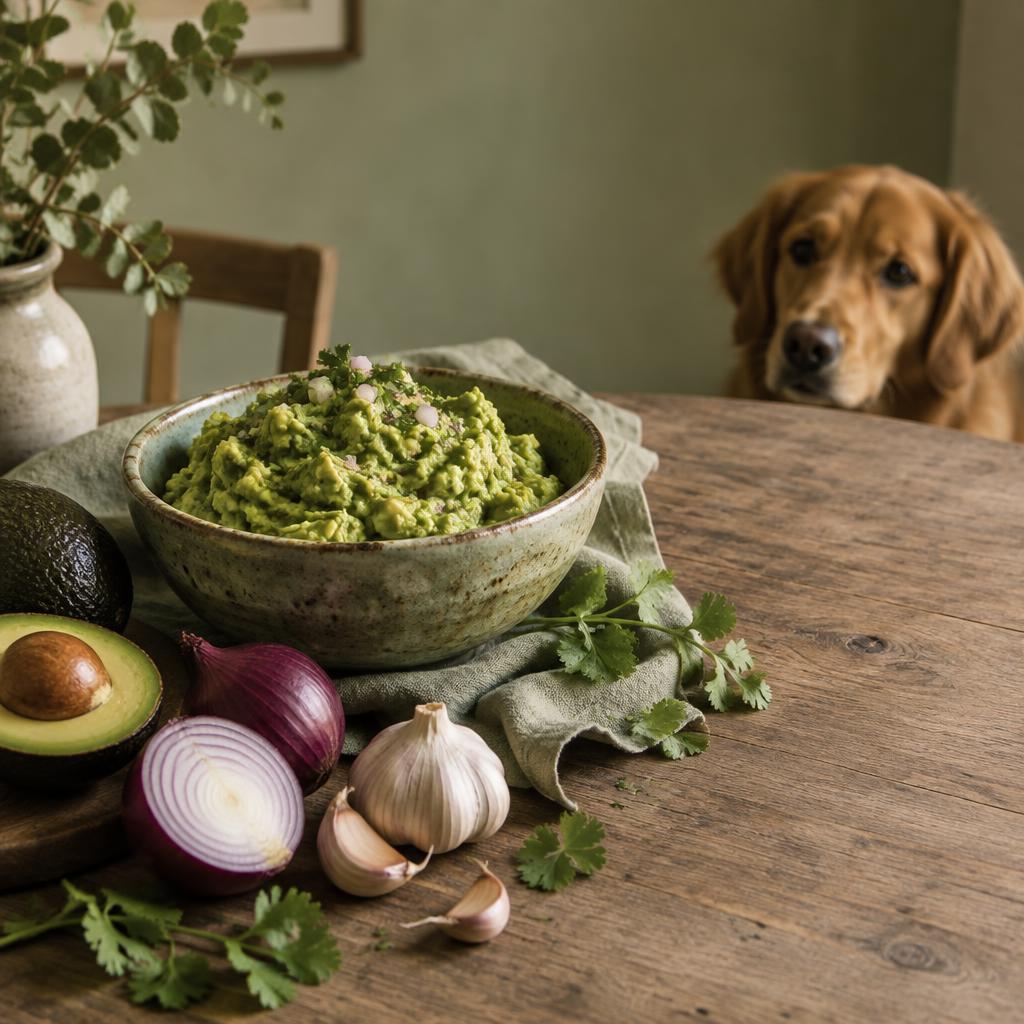 A bowl of guacamole with onion and garlic beside it, a dog watching from a distance