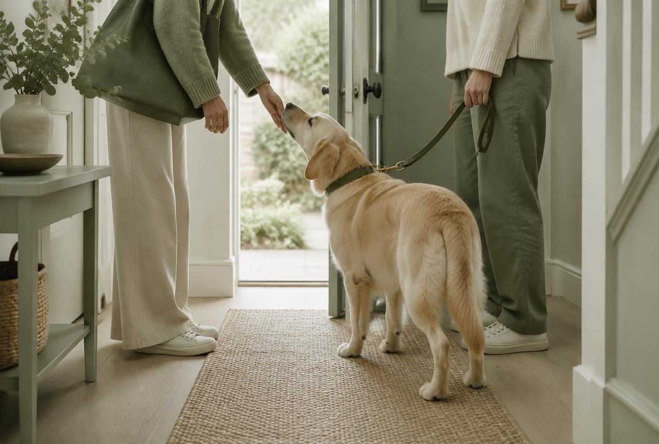 A guest at a front door greeting a calm dog on a lead held by the owner