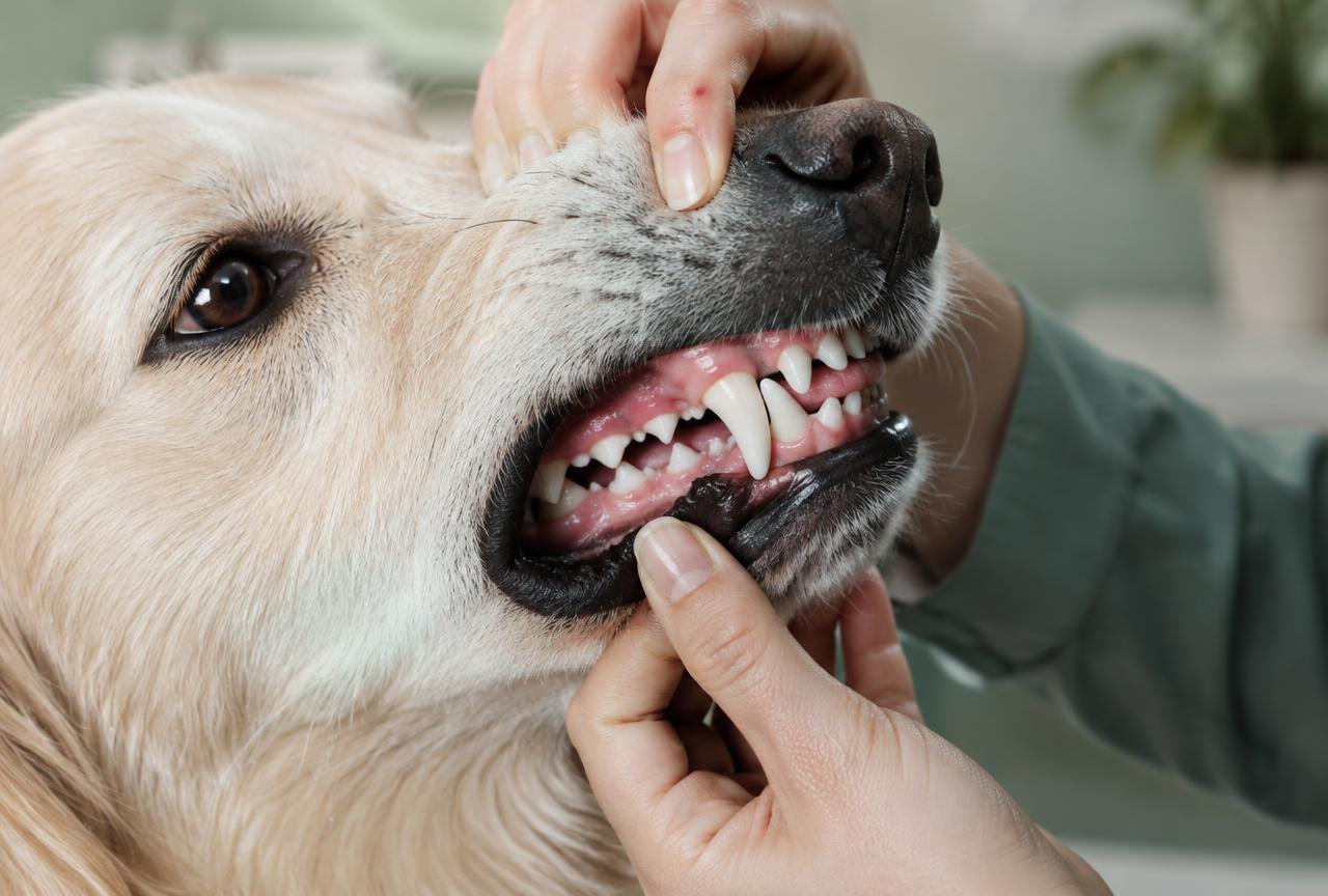 A close-up of a dog''s mouth showing healthy pink gums and clean teeth